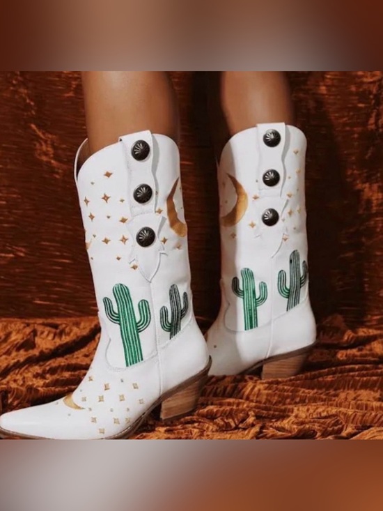 dingo Shoes - Dingo White Western Cactus Embroidered Mid-Calf Boots